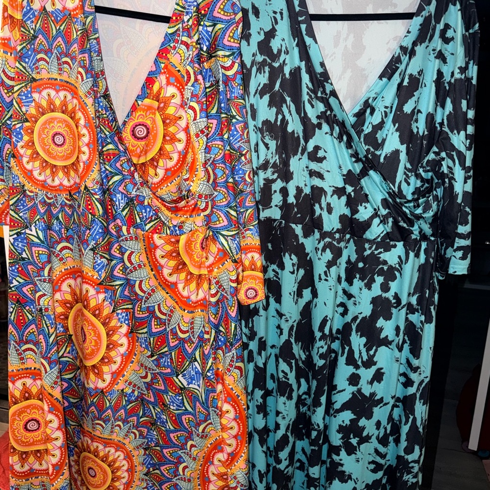 2 Pack Bundle Vibrant Boho Multicolor V Neck Mid Sleeve Women's Dresses 2XL